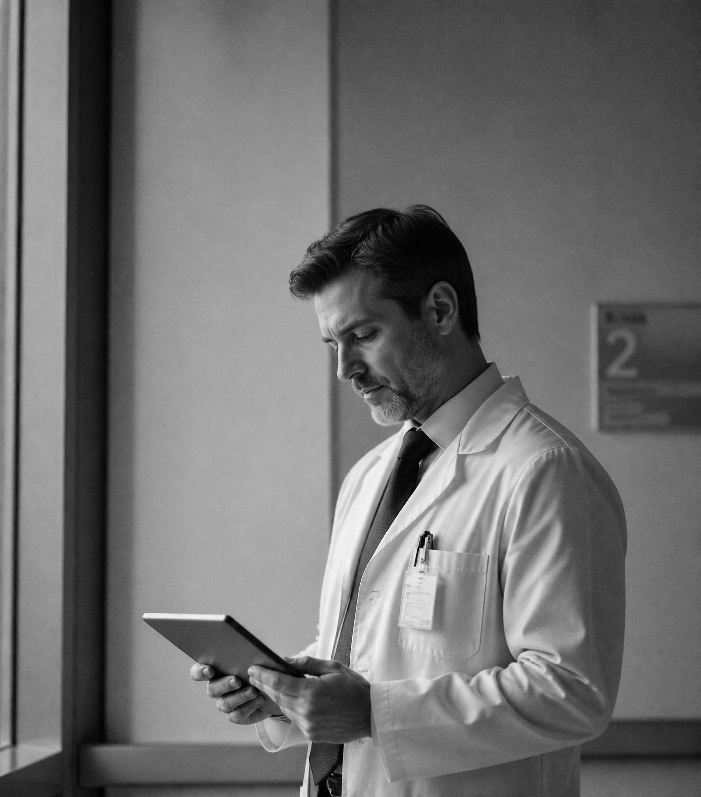 A physician reading on a tablet